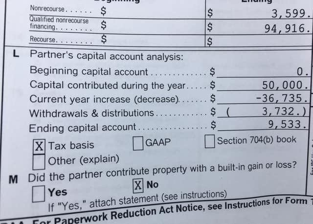 K1 form showing $50,000 capital contributed deducted by the -$36,735 in passive losses, resulting in $9,533 in capital gains